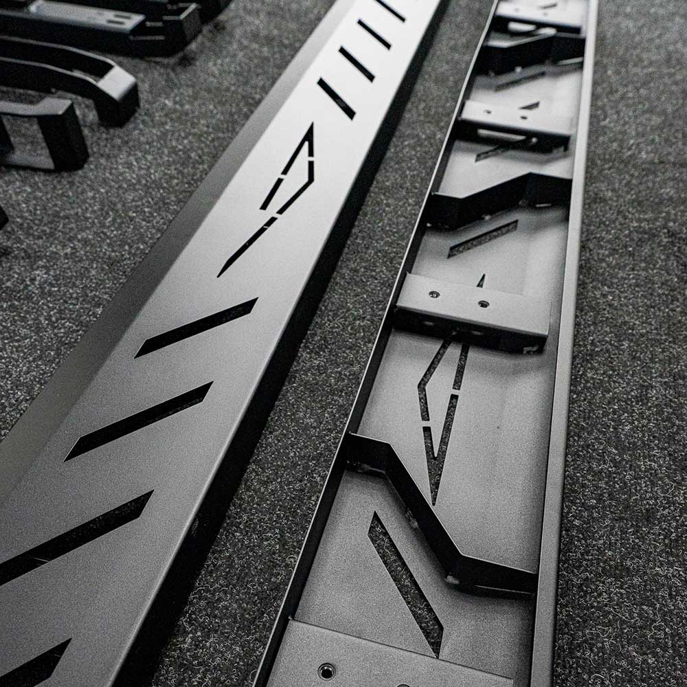 Tesla Cybertruck Running Boards (Side steps) Black Steel for Base / Foundation / Cyberbeast - Gem Motorsports
